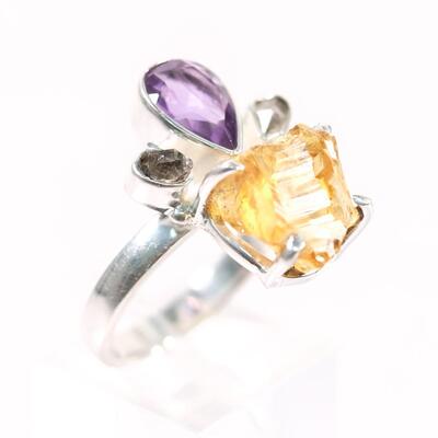 2 PC Sterling Citrine & Amethyst Pendant & Ring, Size 8.25