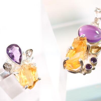 2 PC Sterling Citrine & Amethyst Pendant & Ring, Size 8.25