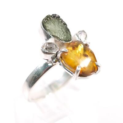 2 PC Sterling Amber & Moldavite Pendant & Ring, Size 9.5