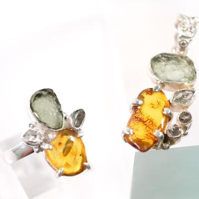 2 PC Sterling Amber & Moldavite Pendant & Ring, Size 9.5