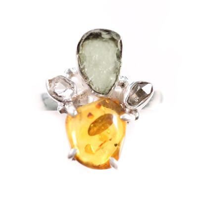 2 PC Sterling Amber & Moldavite Pendant & Ring, Size 9.5