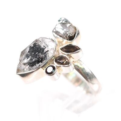 2 PC Sterling Black Spot Quartz, Meteorite and Garnet Pendant & Ring, Size 7