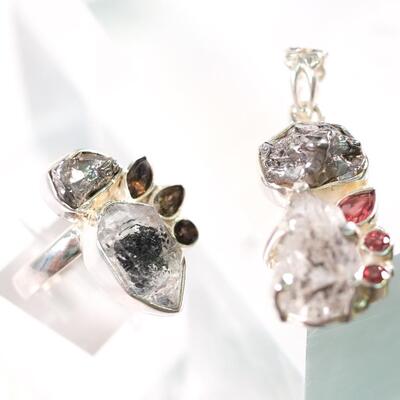 2 PC Sterling Black Spot Quartz, Meteorite and Garnet Pendant & Ring, Size 7