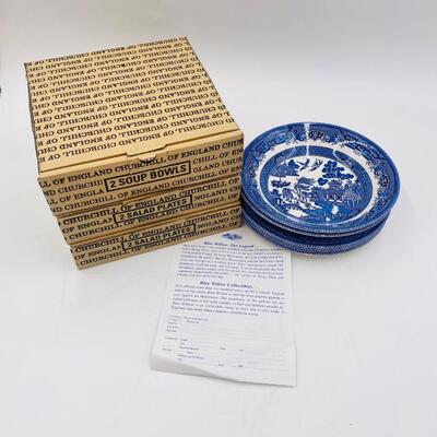 CHURCHILL CLASSIC BLUE WILLOW FROM ENGLAND - 2 SOUP BOWLS 4 SALAD PLATES