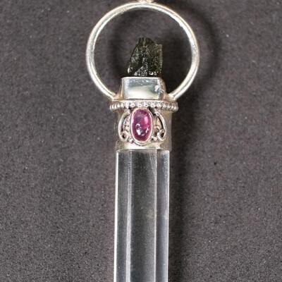 Sterling Moldavite, Amethyst & Quartz Point Pendant