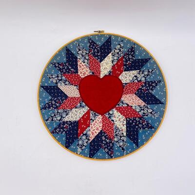 PRETTY QUILTED HEART PIECE ON EMBROIDERY HOOP