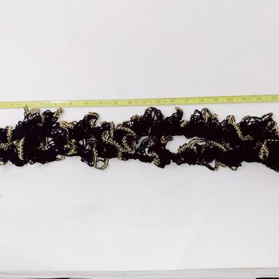 CROCHETED RUFFLE BLACK AND GOLD TRIM SCARF
