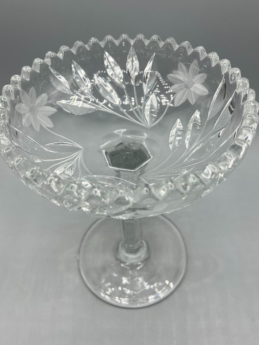 Retro Crystal Glass Etched Flower Design Stemmed Footed Candy Bowl Dish