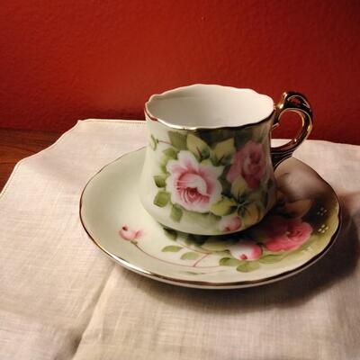 Vintage Lefton China Hand Painted Heritage Roses Motif Teacup & Saucer with Gold Accents