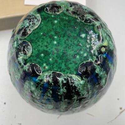 Art pottery green, blue and black vase