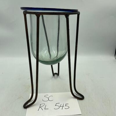 Cobalt rim clear glass vase in stand