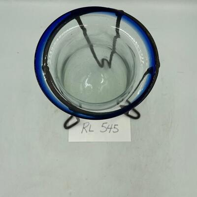 Cobalt rim clear glass vase in stand
