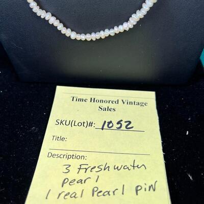 3 real freshwater pearl necklaces and a freshwater pin