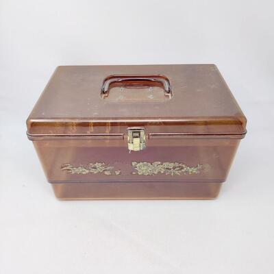 VINTAGE BROWN SEWING CARRY CASE WITH TRAY