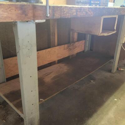 LARGE HAND MADE WOOD & METAL WORK BENCH