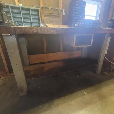 LARGE HAND MADE WOOD & METAL WORK BENCH
