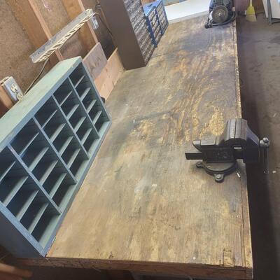 LARGE HAND MADE WOOD & METAL WORK BENCH