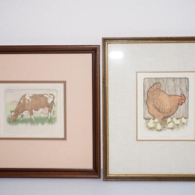 SUSAN HUNT WULKOWICZ HAND COLORED PRINT SIGNED AND HUMBERED HEN & CHICKEN
