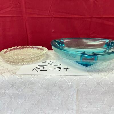 MCM blue glass ashtray & pressed glass Hobstar ashtray