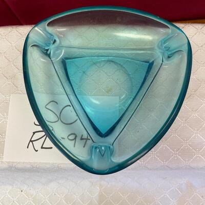 MCM blue glass ashtray & pressed glass Hobstar ashtray