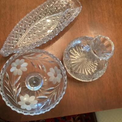 Glass candy dish, relish tray, and decanter base
