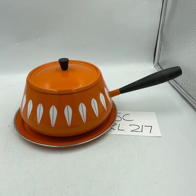 Vintage orange cathrineholm lotus pot and forks
