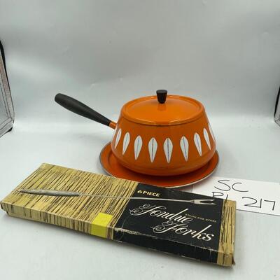 Vintage orange cathrineholm lotus pot and forks
