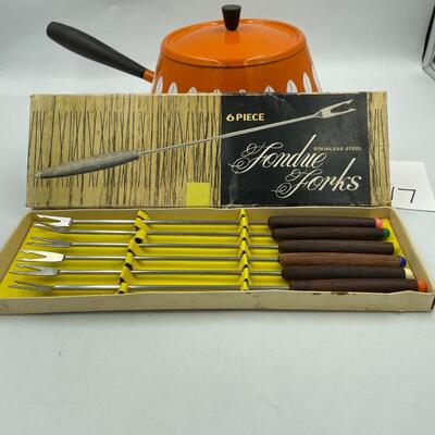 Vintage orange cathrineholm lotus pot and forks