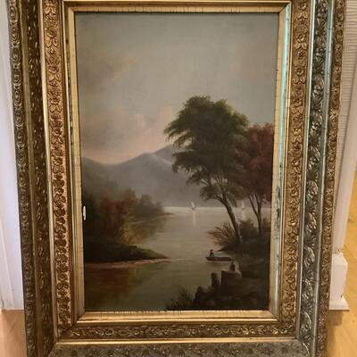 Artwork with boats, mountains, water, framed