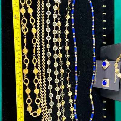 Lapis tube and gold bead necklace, GP or GF chians