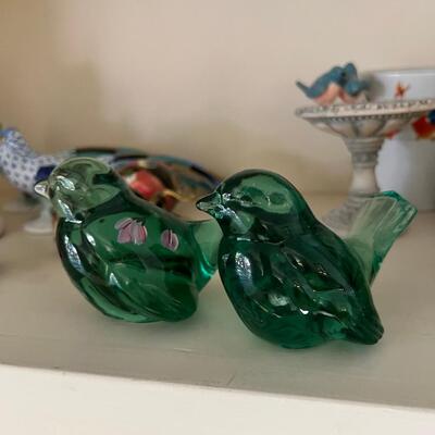 2 vintage handmade Fenton Brand glass birds