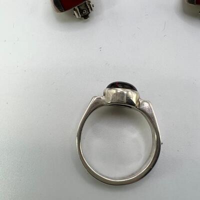 Sterling amethyst rings and clip on earrings, and red jasper clip ons