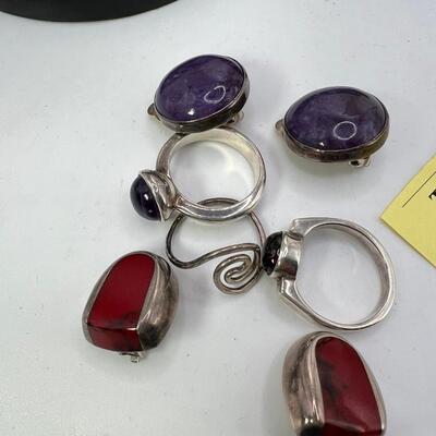 Sterling amethyst rings and clip on earrings, and red jasper clip ons