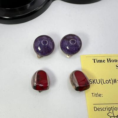 Sterling amethyst rings and clip on earrings, and red jasper clip ons