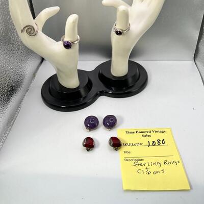 Sterling amethyst rings and clip on earrings, and red jasper clip ons