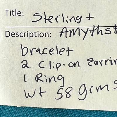 Sterling and Amythst cuff bracelet, 2 pairs sterling clip ons with Amythst and 1 Sterling Amythst ring size 7