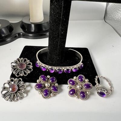 Sterling and Amythst cuff bracelet, 2 pairs sterling clip ons with Amythst and 1 Sterling Amythst ring size 7