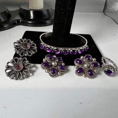 Sterling and Amythst cuff bracelet, 2 pairs sterling clip ons with Amythst and 1 Sterling Amythst ring size 7
