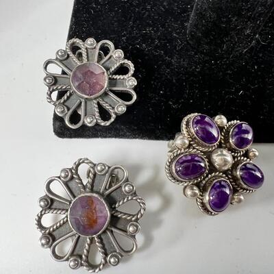 Sterling and Amythst cuff bracelet, 2 pairs sterling clip ons with Amythst and 1 Sterling Amythst ring size 7