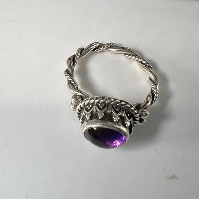 Sterling and Amythst cuff bracelet, 2 pairs sterling clip ons with Amythst and 1 Sterling Amythst ring size 7