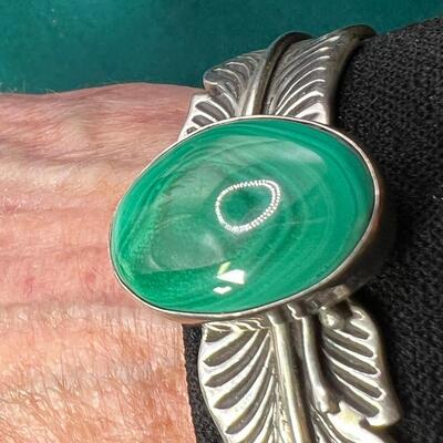 Native American hallmark Robert Kelly  Sterling cuff bracelet with malachite stone