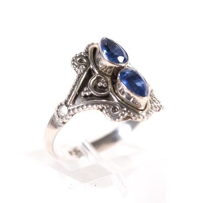 Sterling Double Dark Blue Topaz Gemstone Ring, Size 8.25
