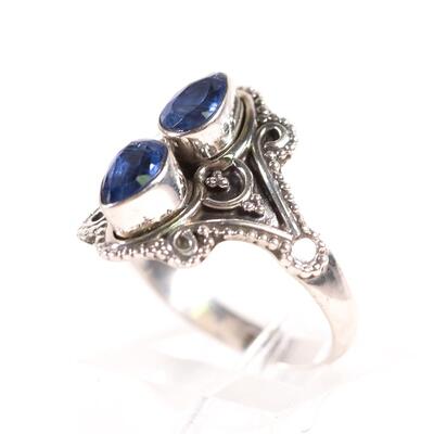 Sterling Double Dark Blue Topaz Gemstone Ring, Size 8.25