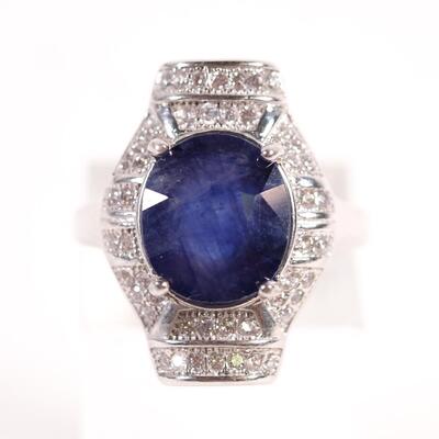 Sterling Sapphire & CZ Ring, Size 5.75