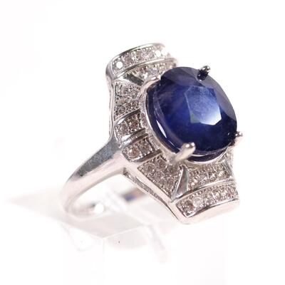 Sterling Sapphire & CZ Ring, Size 5.75