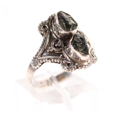 Sterling Double Moldavite Ring, Size 8.5