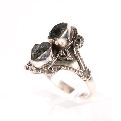 Sterling Double Moldavite Ring, Size 8.5