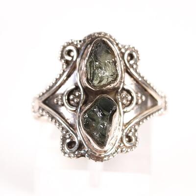 Sterling Double Moldavite Ring, Size 8.5