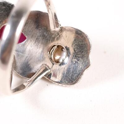Sterling Pearl & Ruby Ring, Size 9