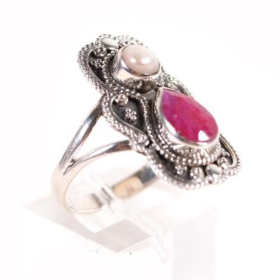 Sterling Pearl & Ruby Ring, Size 9